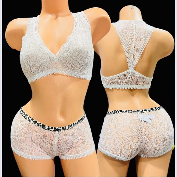 Victoria’s Secret Set Crochet Lace lined bralette & shortie boy shorts panty S M - Picture 3 of 13